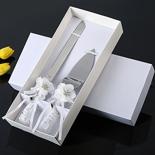 Бела роза свадбена торта нож постави бела лента и кристална церемонија на кристал Сваровски, сет, сервери за торта и торта за ножеви