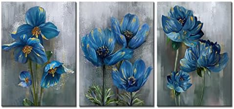 Сина цветна wallидна уметност, цвеќиња на сивата позадина природна глетка платно печатење wallидна уметност 3 парче слика за дневна соба спална