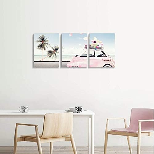 Уметничка патека океанска слика на крајбрежната уметност Сликарство: Палма на плажа и розови автомобили Уметнички дела на платно за спална