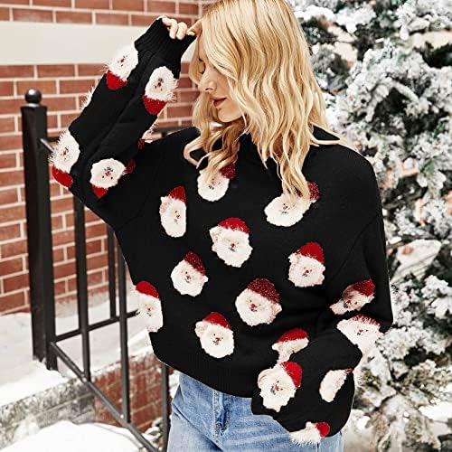 Божиќен плетен џемпер за жени Симпатична графичка екипа на Дедо Мраз Клаус Плицев пулвер бучен пријатна мафта со долги ракави на долги ракави