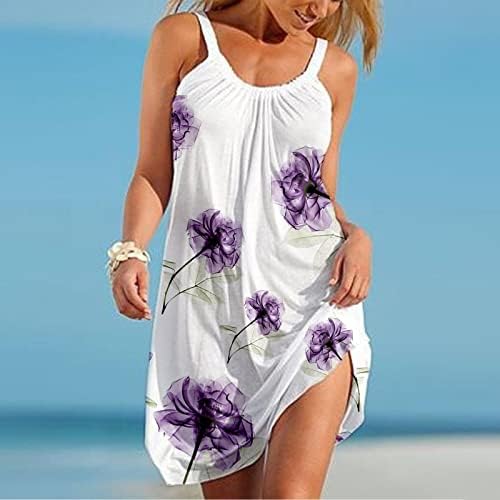 Секси летни фустани за жени, миди фустани за жени мода на вратот без ракави симпатична цветна печатена полите лабава фустан на плажа