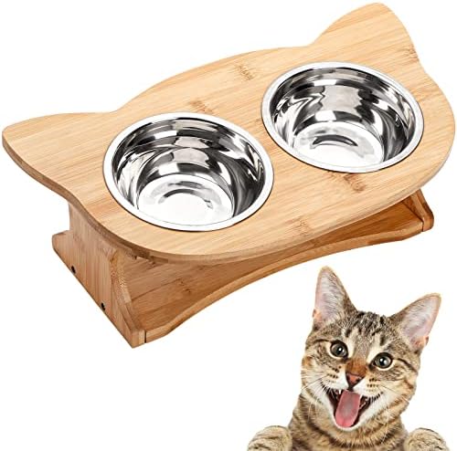 Елсај бамбус покачен штанд за садови со мачки, подигнат фидер за миленичиња Отстранлив двоен не'рѓосувачки челик ПЕТ