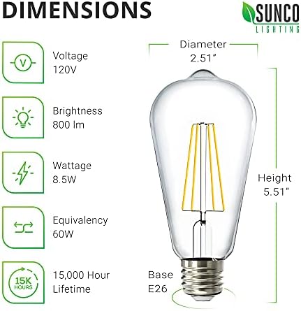 Sunco 10 Пакет Гроздобер LED Едисон Светилки 60W Еквивалент 8.5 W 800LM Затемнети ST64 Филамент 6000K Дневна Светлина Делукс E26