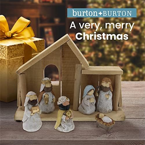 Бартон+Бартон 7 парчиња смола од смола - Премиум рачно насликани смола Фигурини во дрвена креке, вклучувајќи бебе Исус, Марија, Јосиф и