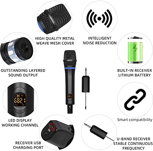 Depusheng W7 Безжичен микрофон, UHF метал динамичен рачен караоке микрофон со приемник што може да се полни, излез од 1/4 ”＆