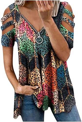 Плус големина Туника врвови за жени ладно рамо летни врвови Елегантна кошула за печатење патент V вратот маички обична лабава блуза