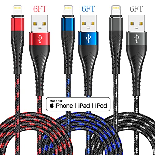3Colorful Iphone Moilning Cable 6ft 3packs Premium USB кабел за полнење, Apple MFI сертифициран за полнач за iPhone, iPhone 13/12/11/SE/XS/XS MAX/XR/X/8 PLUS/7/6 PLUS