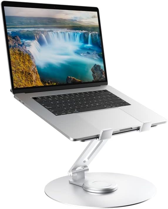 Стенд на лаптоп за вртење за биро, прилагодлив висина на алуминиумски компјутерски штанд со 360 ротирачки база, преклопен ергономски кревач, преносен