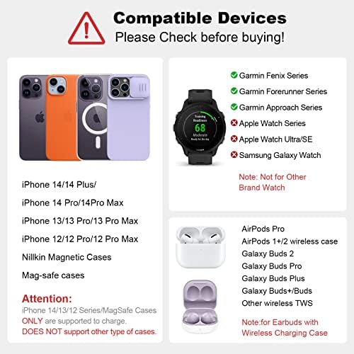 Нилкин полнач се залага за Garmin Watch Instinct Fenix ​​7/7s Forerunner 245/745/945 VivoActive, 3 во 1 преносна и преклоплива станица за безжично полнење Magsafe за iPhone 14 13 12 серии и AirPods 2/3/Pro