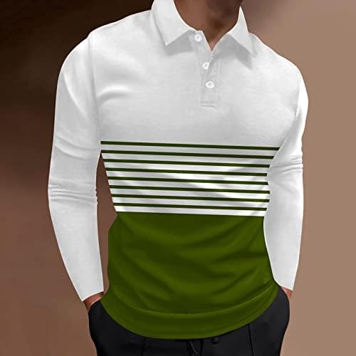 Поло кошули за машки пол, пролетен долг ракав, шарена боја блок -крпеница копче вратот голф врвови мускули тенок фит кошула