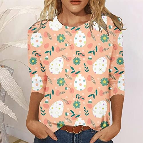 Велигденска кошула за зајаче за жени лето 3/4 маички со ракави Обични врвови модни лабави цветни печатени тунични маички врвови