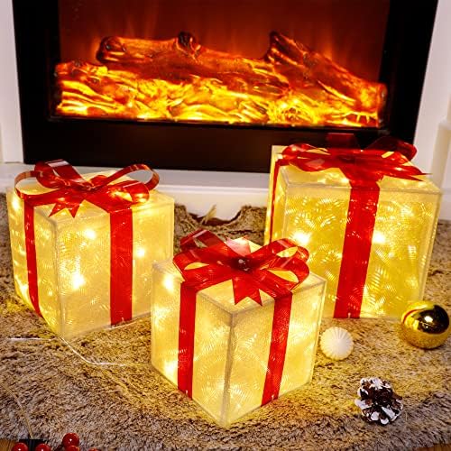 Atdawn 60 LED осветлени кутии за подароци Божиќни украси, транспарентни осветлени сегашни кутии, украси за кутии за подароци за Божиќ, топло