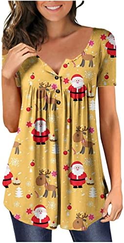 Женски обични кошули со кратки ракави Божиќни елки печатени маички се кријат стомак лабава проточна тунична блуза копче надолу по маичка
