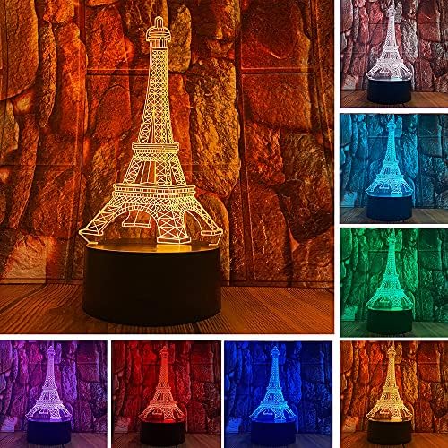 Париз Моден Стил Ајфелова Кула 3Д ЛЕД Оптичка Илузија Декорација Табела Светилка 16 Бои Далечински Управувач Акрилик Визуелна Ноќна Светлина