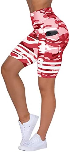 Esoboенски женски високи половини од камо -јога шорцеви шари за тренингот на тренингот Контрола на стомакот за фитнес кратки панталони со џеб