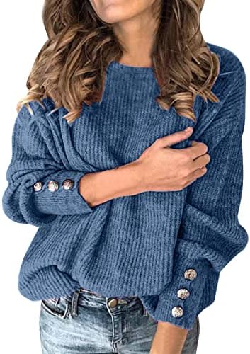 MTSDJSKF женски џемпери против вратот со долг ракав плетени врвови на копчињата, чипка кошули со шумски џемпери топли кошули со пулвер