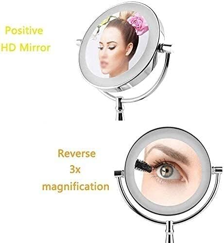 Фонме козметичко огледало огледало за шминка, метал двострана LED десктоп 3x зголемувачки огледало со светло суета огледало,