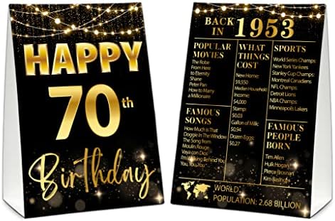 70 -ти знак на маса за роденден, црно и злато уште во 1953 година украси за роденденска забава, гроздобер роденденски подароци за жени мажи,