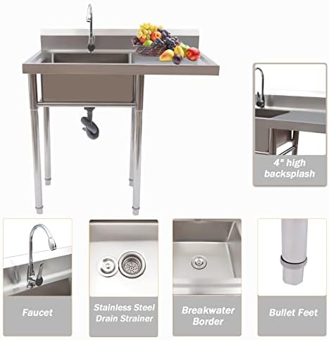 DNYSYSJ Комерцијален мијалник за кујна од не'рѓосувачки челик, 1 мијалник за комунални услуги за бесплатна стока со едната страна од дренажа