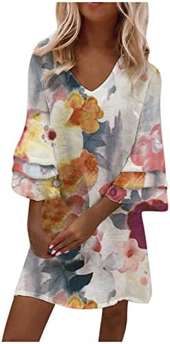 Womenенски летен мода 2023 година, женски моден темперамент Елегантен печатен V-Neck 3/4 ракави мини фустан