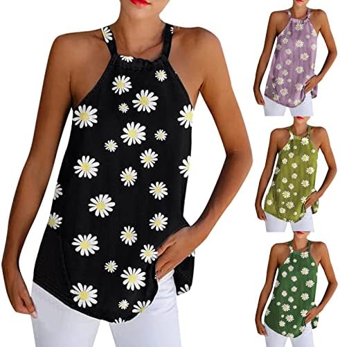 Уфоко жени лето -халтер печатени резервоари на маргаритки на врвови со летни маички за маички без ракави без ракави