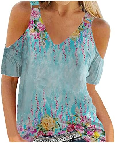 Студените врвови на рамото за жени, летни врвови за жени 2023 трендовски врвови маички цветни графички маички слатки фустани блузи