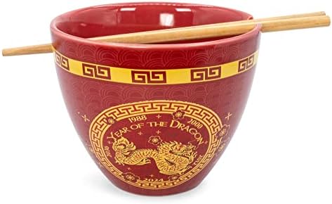 Бум Трендз Година На Змејот Кинески Хороскопски Керамички Сет | Вклучува 16-Унца Рамен Тестенини Сад И Дрвени Стапчиња За Јадење Азија Јадење