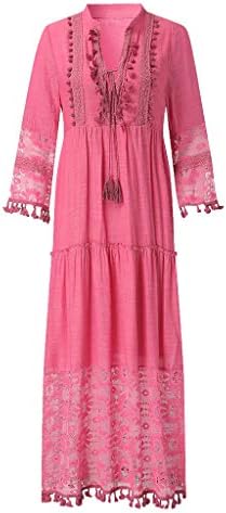 Плус големина летен плажа фустан за одмор за жени боемска племенска чипка цветна долга фустан со долг ракав макси фустани