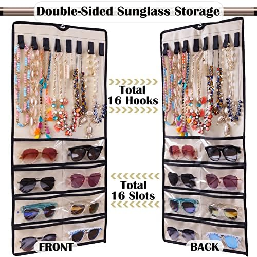 Lonnom Sunglass Organizer Storage, Dual-sided Hanging Sunglasses Holder Wall with 16 Pockets Jewelry Organizer and 16 Hooks Necklace Holder Organizer - Beige