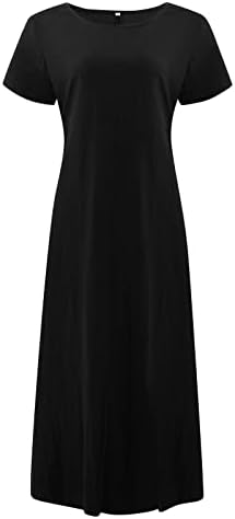 Onените фустани за, женска летна обична цврста боја со кратка боја на вратот О-вратот за зашивање лабава џебна памучна постелнина