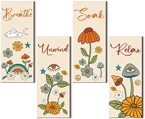 Јулејо 4 парчиња 60 -ти 70 -ти ретро бохо цветни бања wallид декор портокалово опуштено натопено одвојување дишење уметност фанки цветни