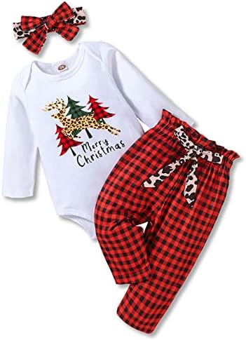 Божиќна облека за новороденчиња Amawmw Мој прв Божиќен ромпер карирани панталони за панталони за деца, облеки за облека за бебиња