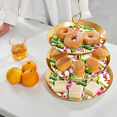 Dragonbtu 3 Tier Cupcake Stand со златна шипка пластична нивоа на десерт кула Тропски лисја овошје приказ за свадбен роденден Божиќна