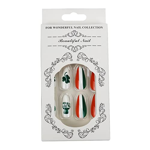 24 парчиња Денот На Свети Патрик Притиснете На Ноктите Зелена Детелина Лажни Нокти Со Дизајн Шамрок Шапка Среќа На Ирскиот Дизајн На Ноктите За