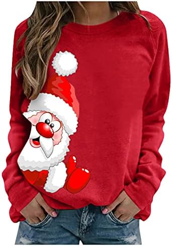 icodod chirstmas женски врвови на Дедо Мраз печати маици со долги ракави за џемпер, обичен блуза пулвер
