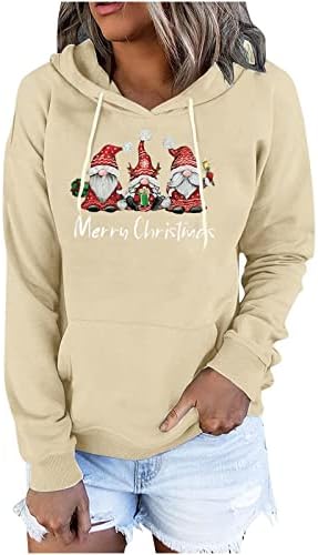Narhbrg Среќни Божиќни џемпери жени Gnome Graphic Hoodies Долги ракави со качулка, обични лабави пукалови врвови за тинејџери