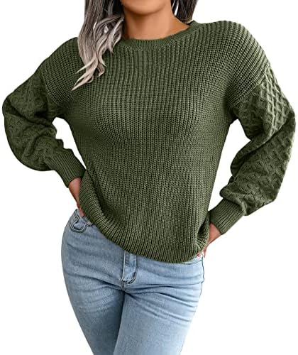 Божиќни џемпери за жени со цврст тркалезен фенер со долг ракав со вертикален плетенка џемпер