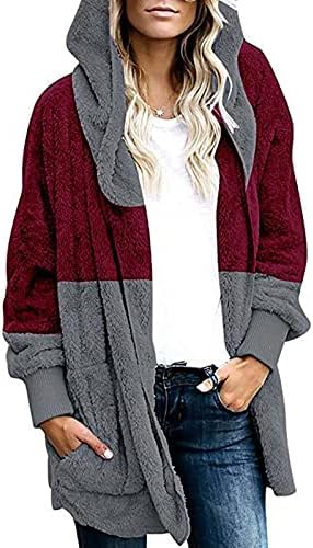 Плус големина на врвови за жени во боја блок плишано плишано џеб од џеб, руно, преголема качулка, отворена предна кардиганска јакна палто