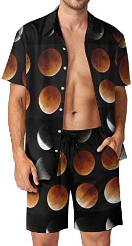 Месечината фаза лунарно затемнување мажи 2 парчиња хавајски сет копче-долу кошули со кратки ракави, панталони за плажа лабави вклопени манжетни