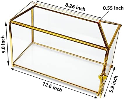 12,6 инчи злато свадбена стаклена кутија со голема свадбена картичка со заклучување и слот за прием рачно изработени јасни декоративни