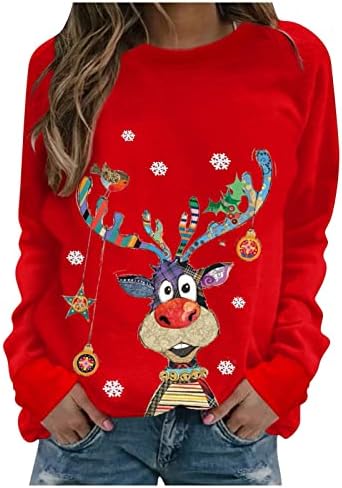 Среќна Божиќна кошула, женски женски врат за Божиќни печати со долги ракави со џемпер, обичен блуза, пулвер, врвови на патишта, XMAS_TOPS