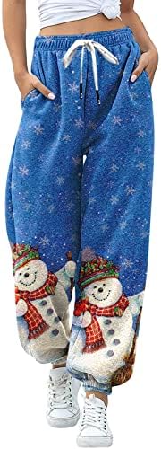 Wocachi жени Божиќ печати џемпери со високи тренинзи за половината широко панталони за нозе џебни панталони спортски атлетски вклопувања џогерни панталони високи из?