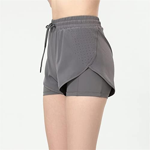 Двоен слој женски салата шорцеви со џебови со високи половини, туркаат спортски панталони за вежбање во салата