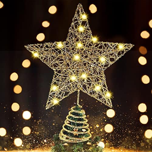 Сјај, Осветлен Топер За Новогодишна Ѕвезда-20 ЛЕР, 10 Инчи |Златен Врв на Дрво | 20 Лед Ѕвезда Топер За Новогодишни Украси | Украси За Новогодишна