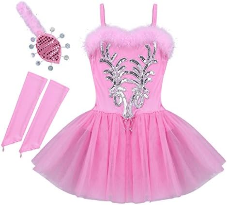 Iefiel Girls Sequins Beards Balllet Leotard Tutu фустан лебед за танцување костим со клип за коса на ракавици