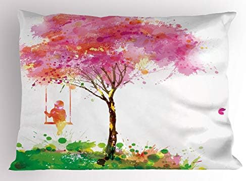 Ambesonne Spring Pillow Sham, пролетно цветно дрво и сонува девојче на замав со лушпа спомени Акварел уметност, декоративна стандардна