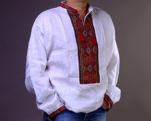 Рачна машка бела Вишиванка ленена кошула црвена извезена продажба на сајбер недела S-3XL