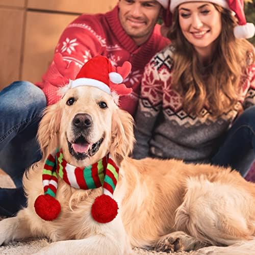 6 парчиња Божиќно куче Дедо Мраз и шамија вклучуваат 3 прилагодливи божиќни капачиња за мачки и 3 ПЕТ плетени црвена шал со