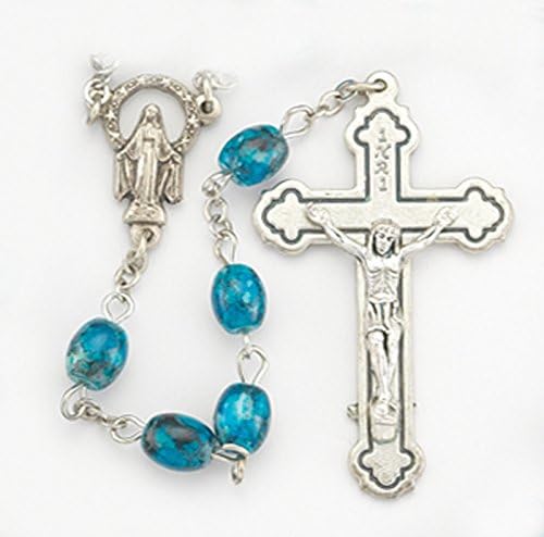 Favoronline Blue Glass Rosary со мермерни овални мониста и сребрена позлатена ланец и распетие