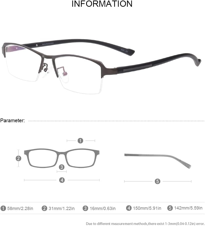 Heles Men's's Metal & TR полумало без мелење на очила за читање поликарбонат UV+420CUT сина светлина блокирање на очила за очила за очила